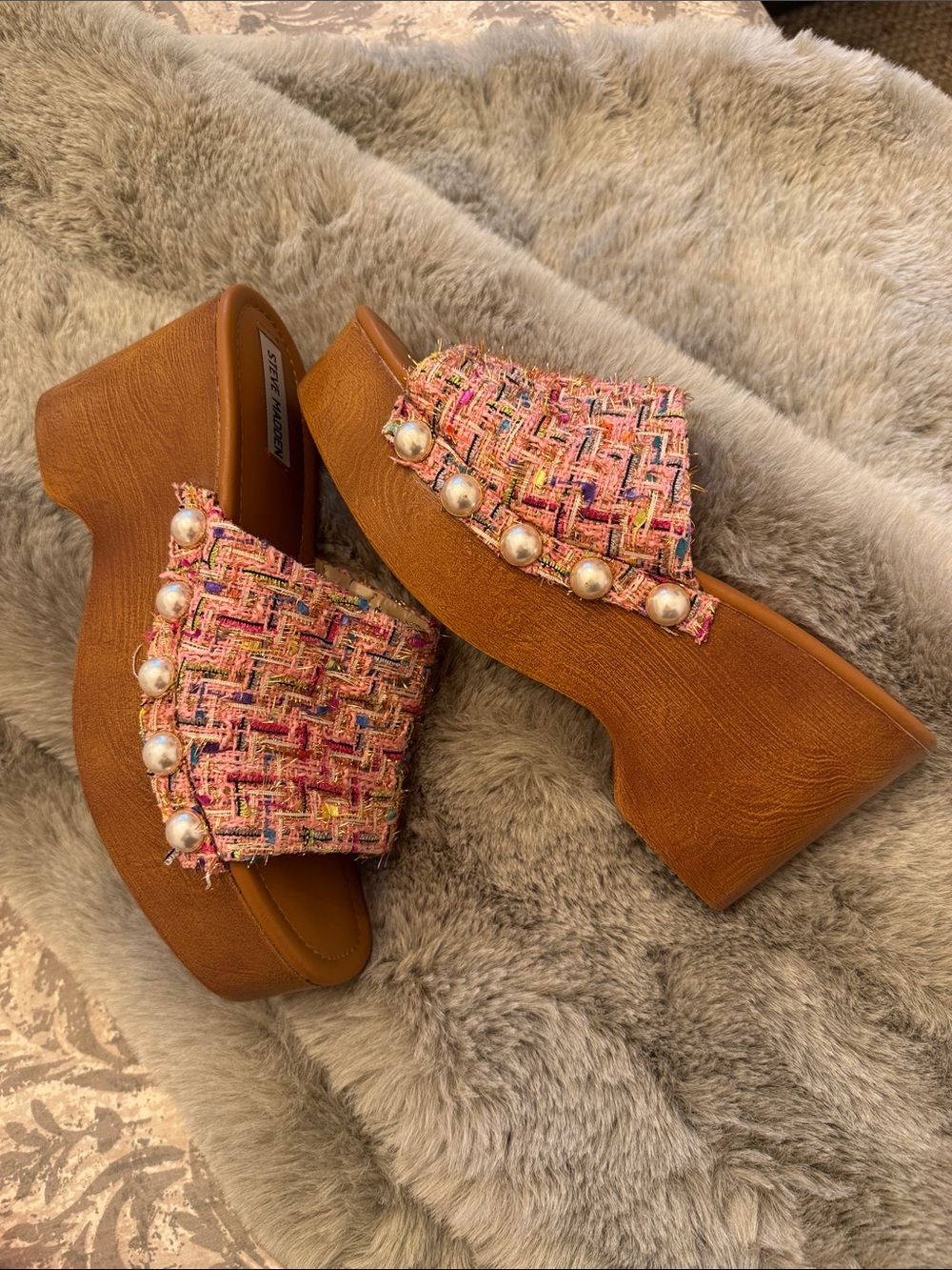 Steve Madden Pink Multicolor Tweed Pearl-Trim Platform Mules